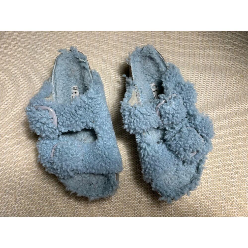 Papillio Slippers Shoes Womens Size 9 Blue Fuzzy Shearling Slide Cork Sole